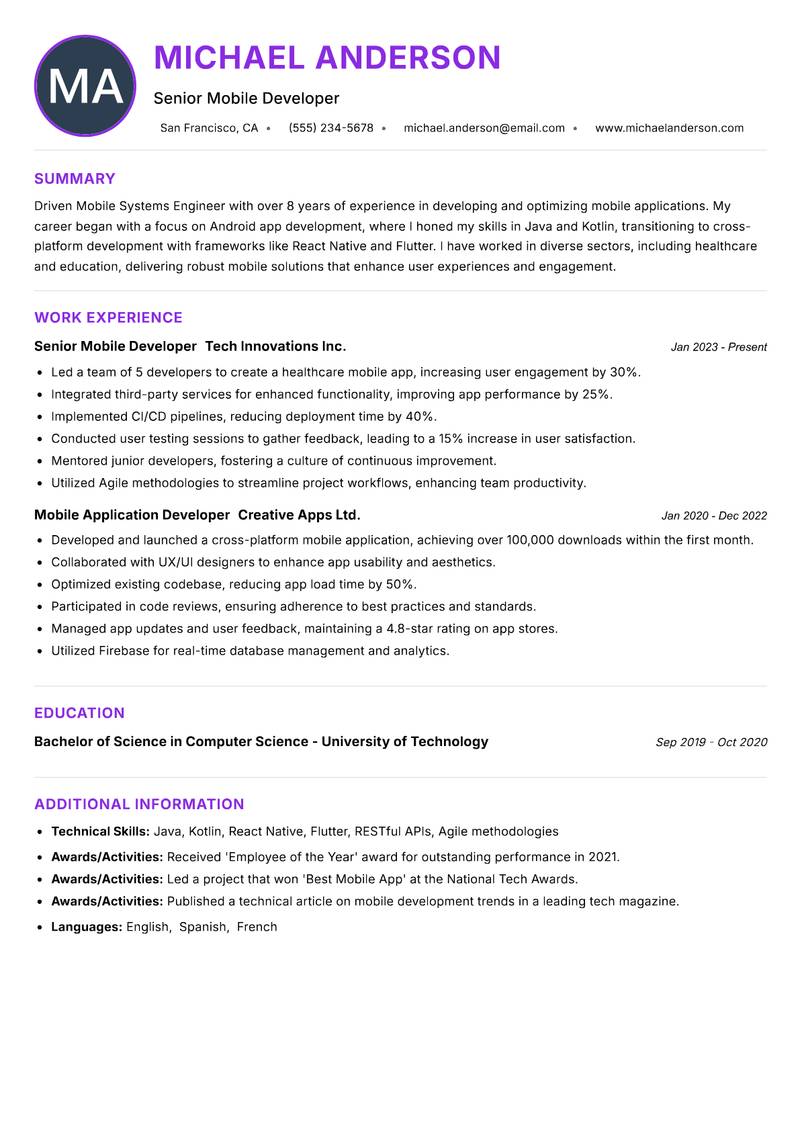 Mobile Systems Engineer Resume Preview Example