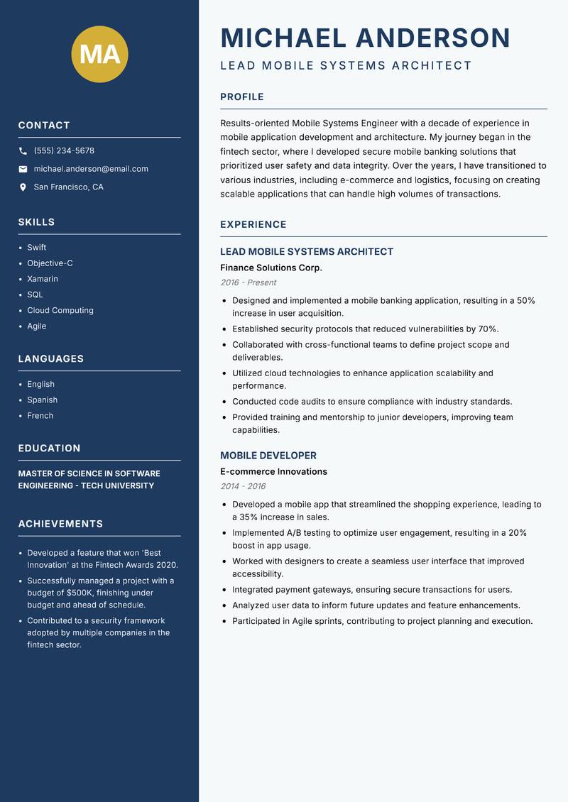 Mobile Systems Engineer Resume Preview Example