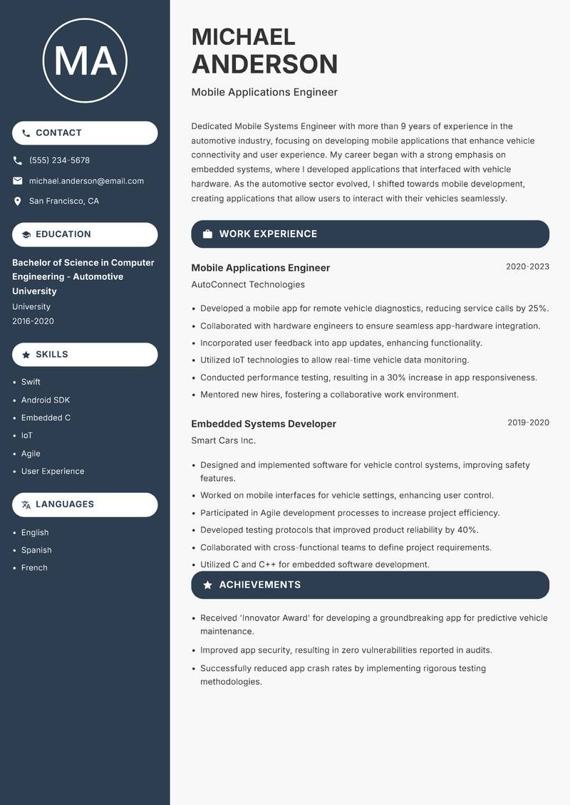 Mobile Systems Engineer Resume Preview Example