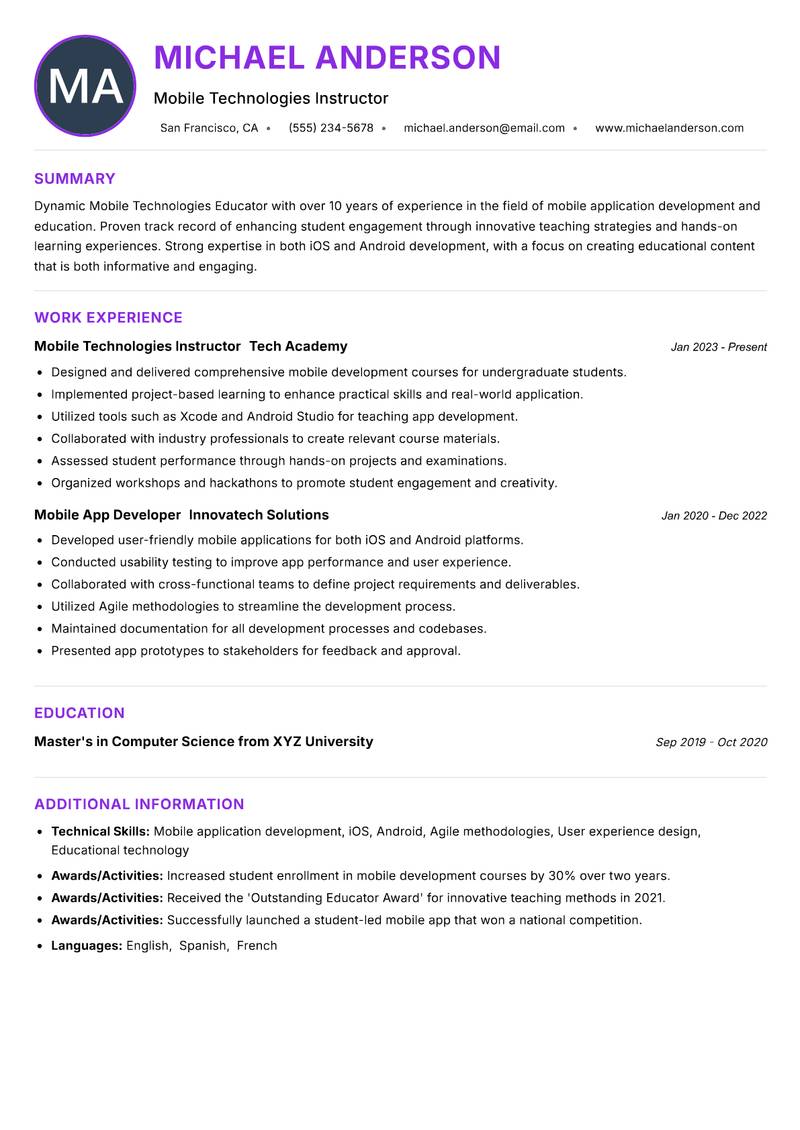 Mobile Technologies Educator Resume Preview Example