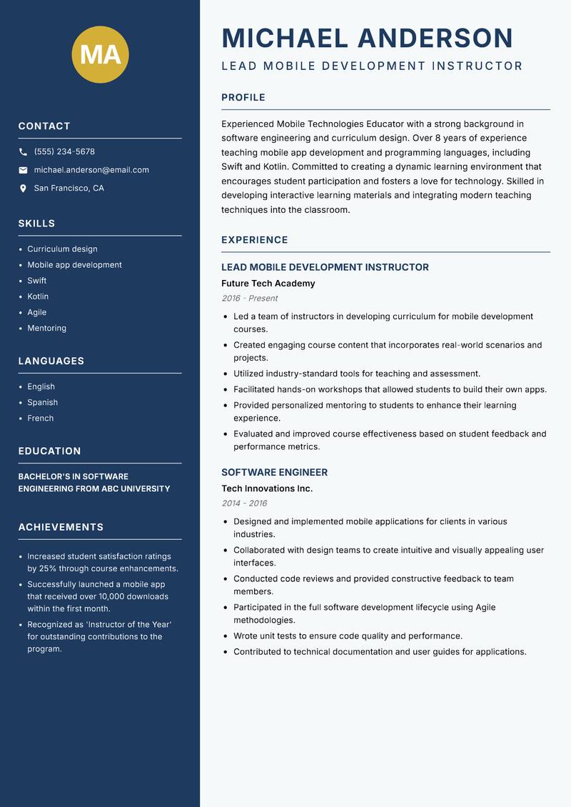 Mobile Technologies Educator Resume Preview Example