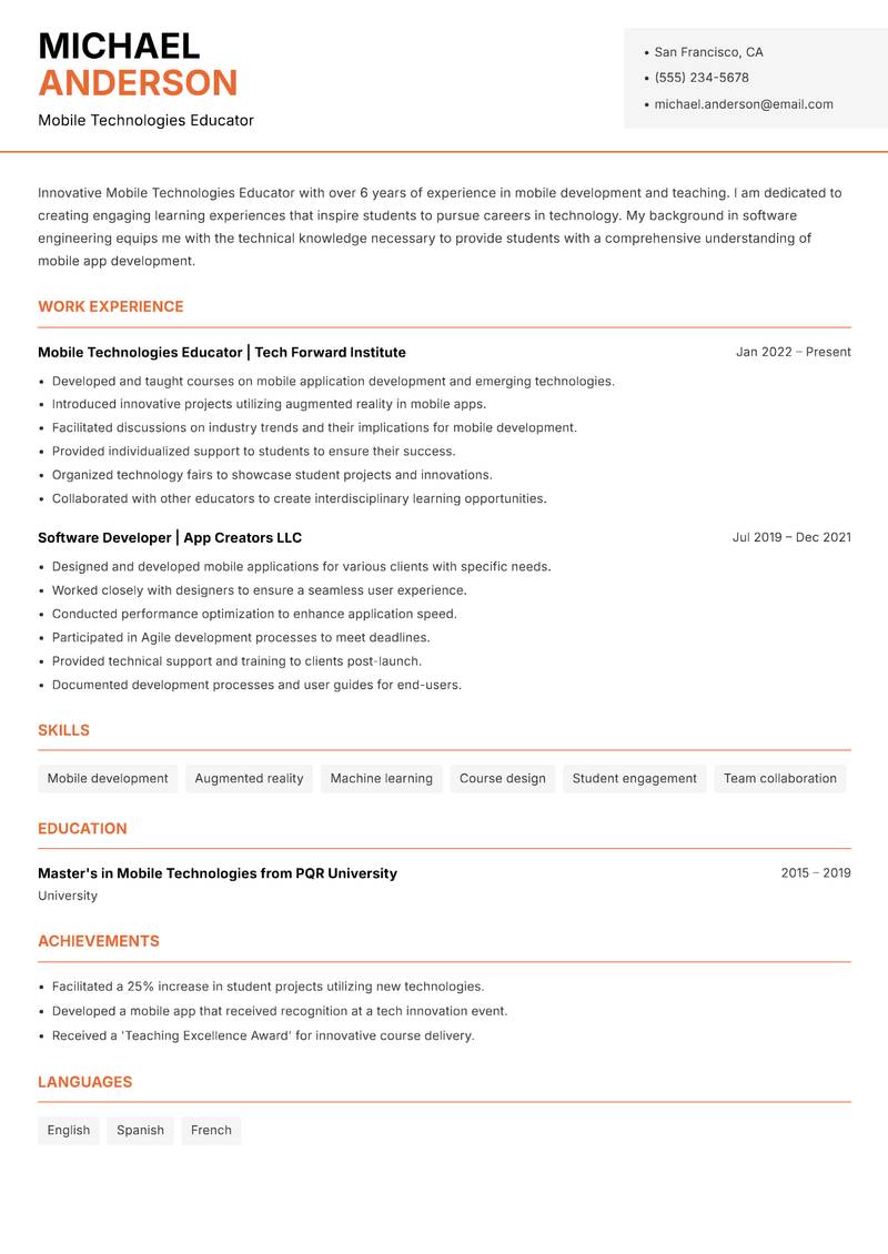 Mobile Technologies Educator Resume Template