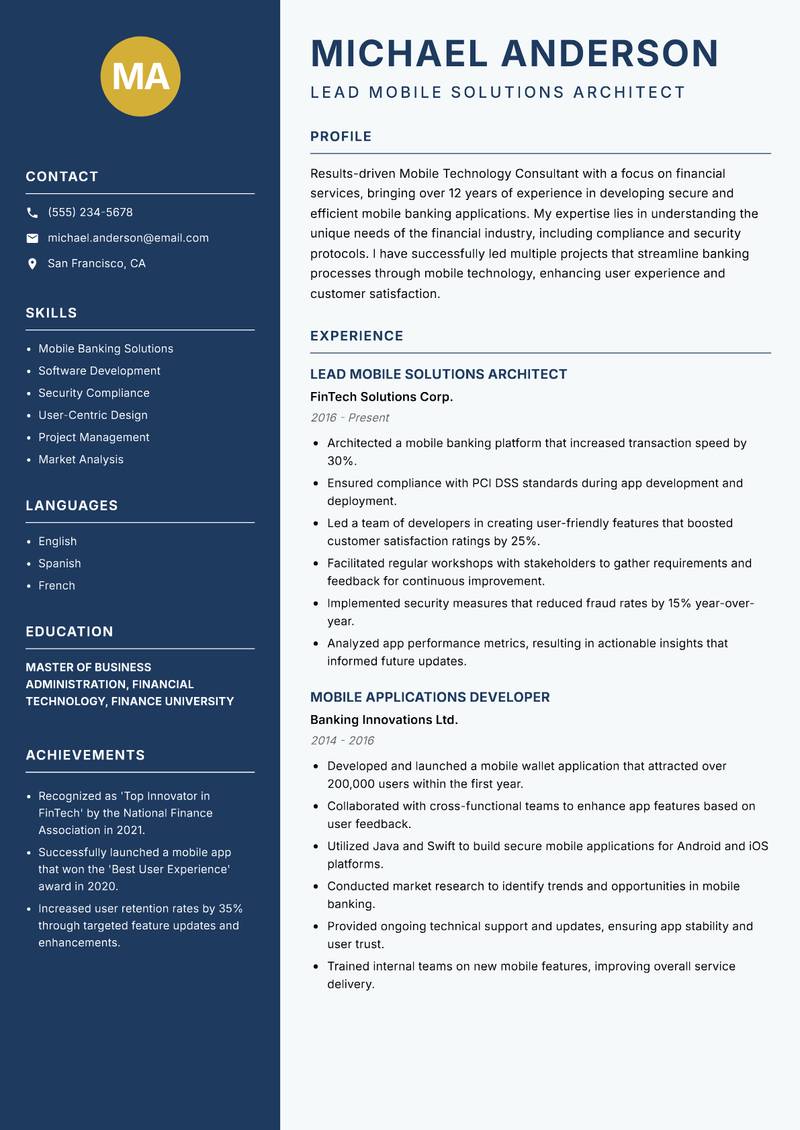 Mobile Technology Consultant Resume Preview Example