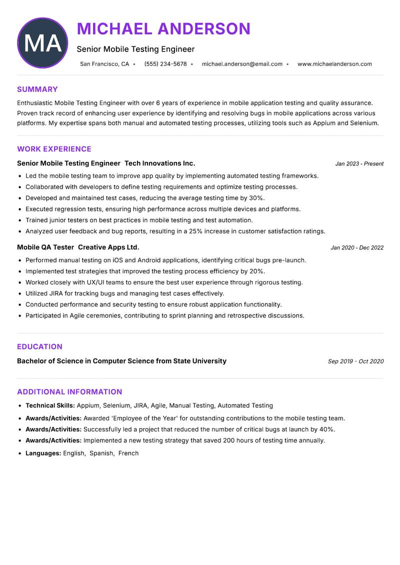 Mobile Testing Engineer Resume Preview Example