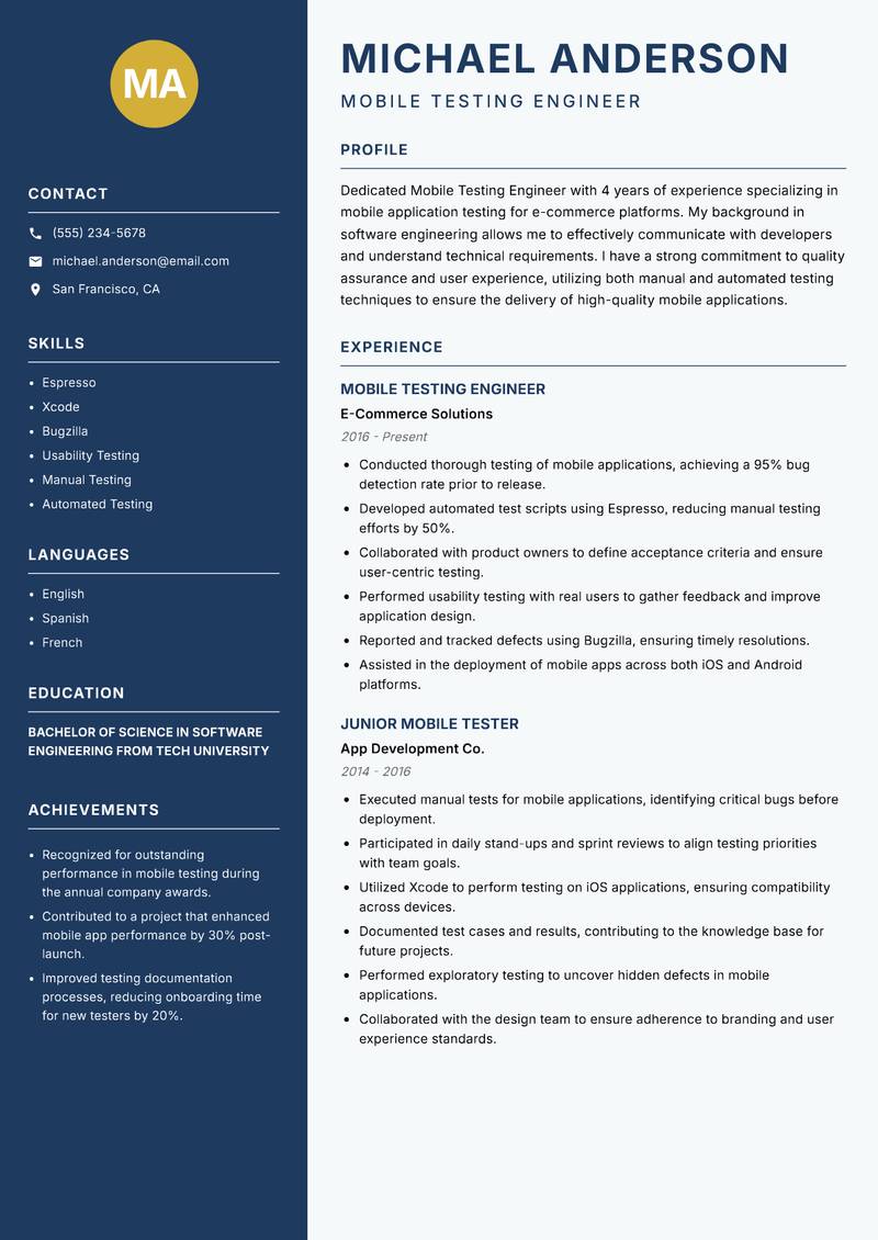 Mobile Testing Engineer Resume Preview Example