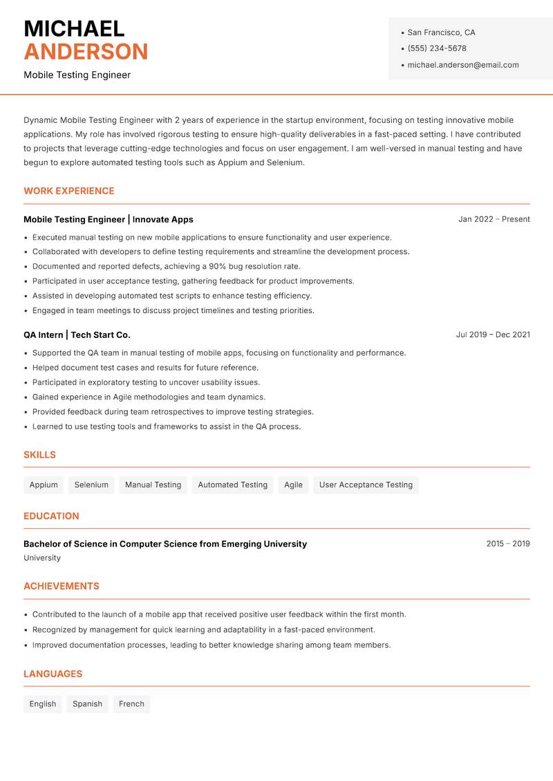 Mobile Testing Engineer Resume Template