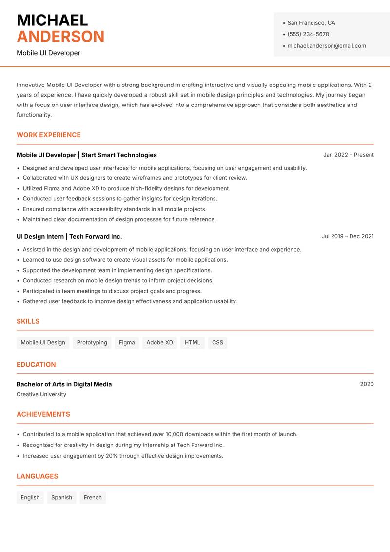 Mobile UI Developer Resume Template