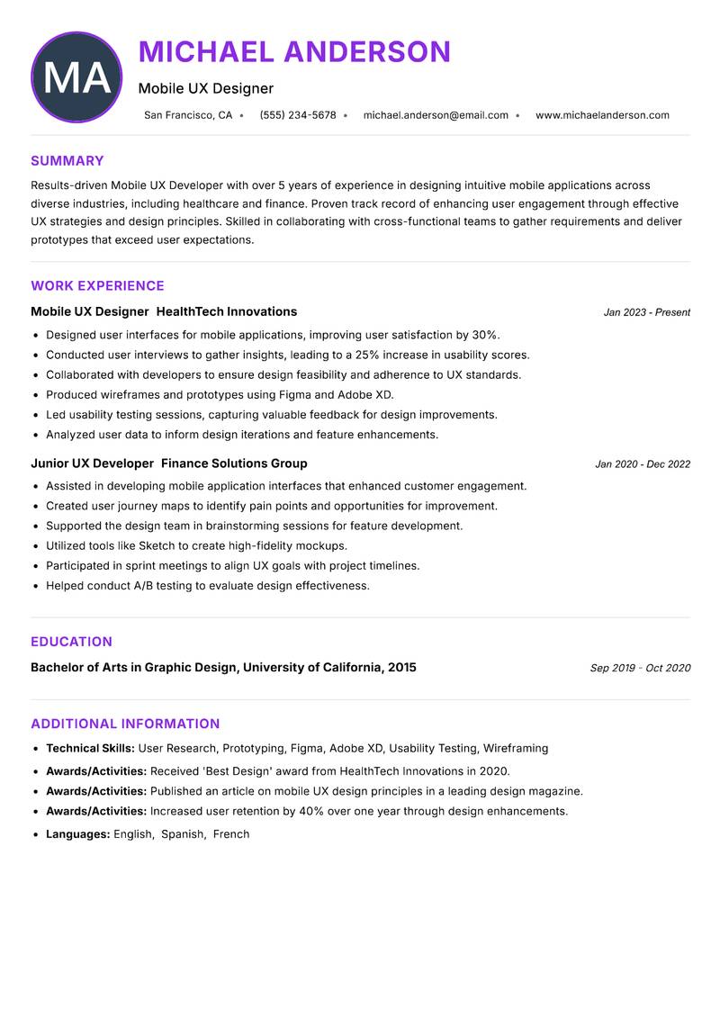 Mobile UX Developer Resume Preview Example