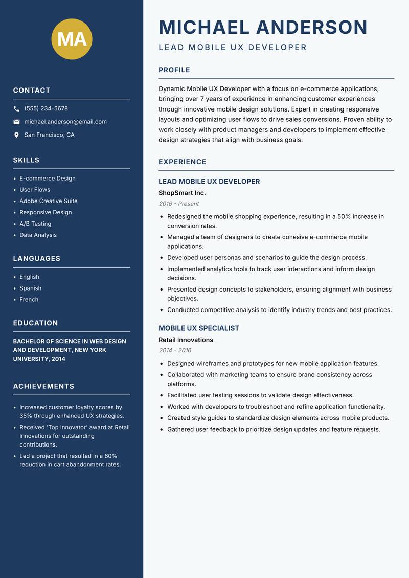 Mobile UX Developer Resume Preview Example