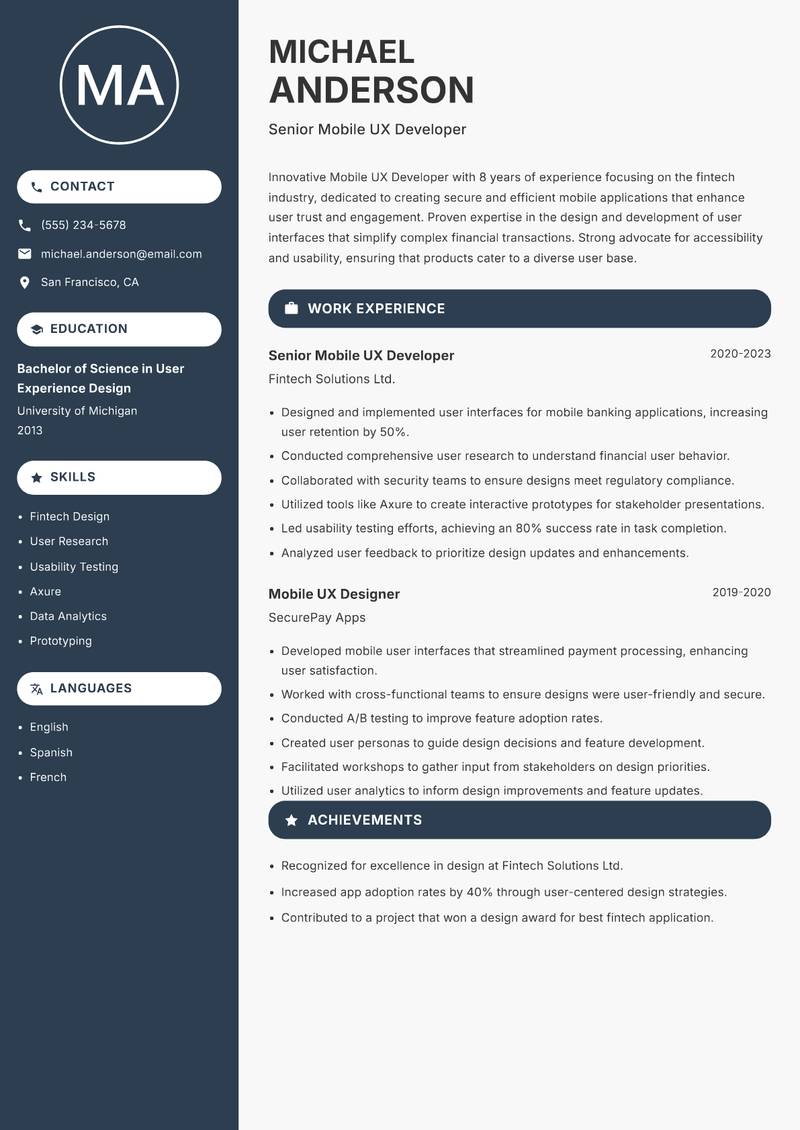 Mobile UX Developer Resume Preview Example