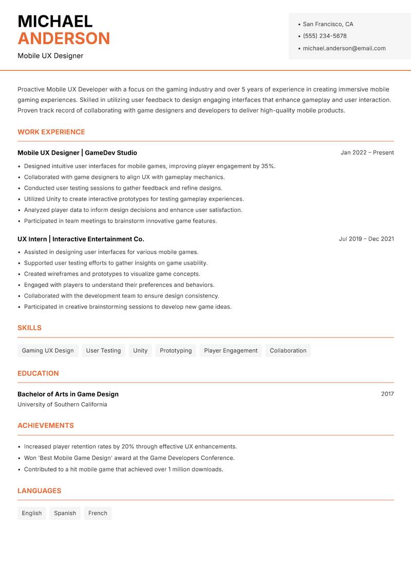 Mobile UX Developer Resume Template