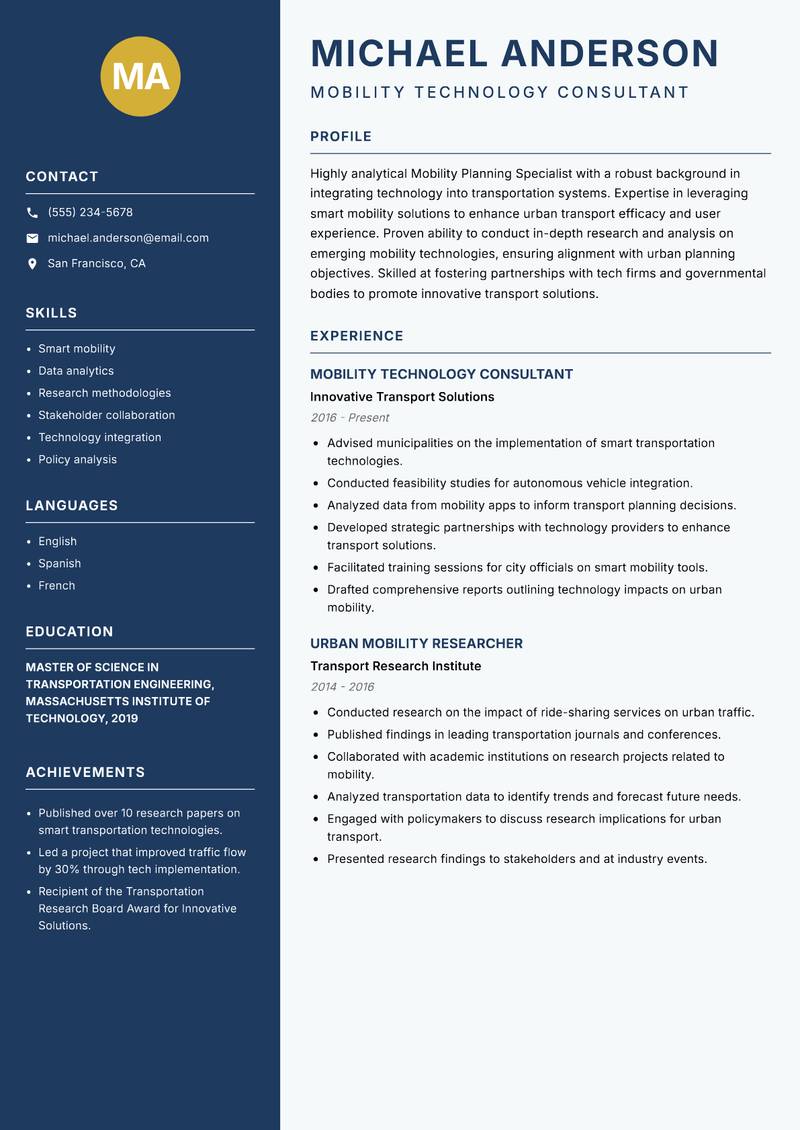 Mobility Planning Specialist Resume Preview Example