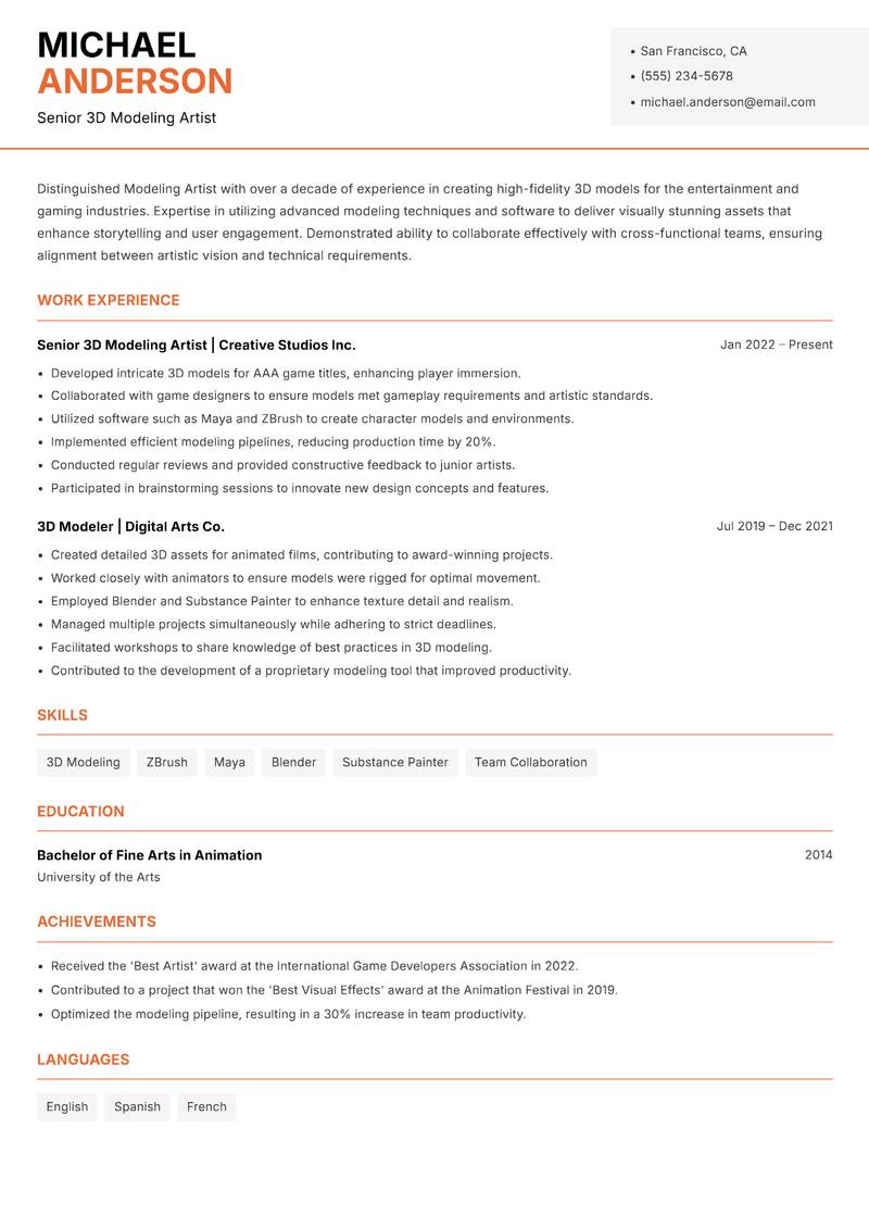 Modeling Artist Resume Template