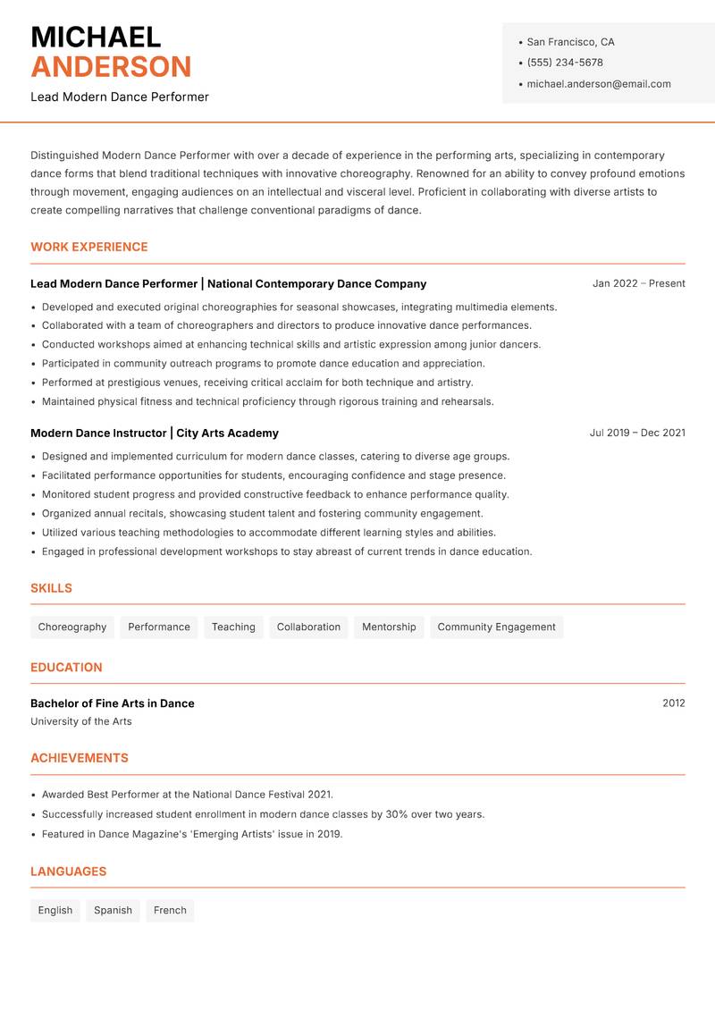 Modern Dance Performer Resume Template