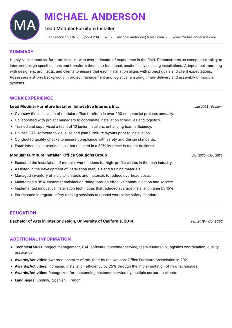 Modular Furniture Installer Resume Preview Example