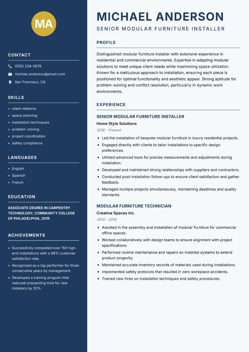 Modular Furniture Installer Resume Preview Example