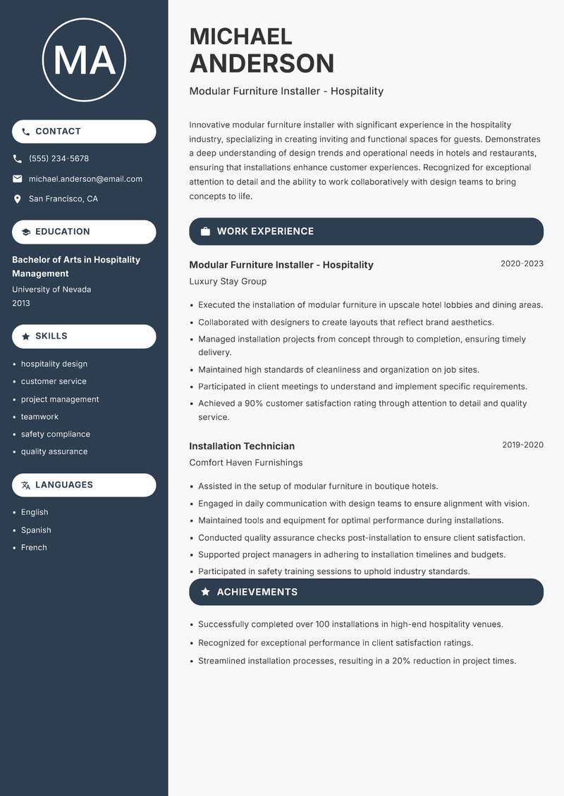 Modular Furniture Installer Resume Preview Example