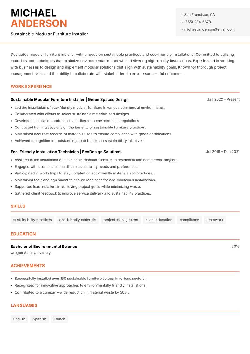 Modular Furniture Installer Resume Template