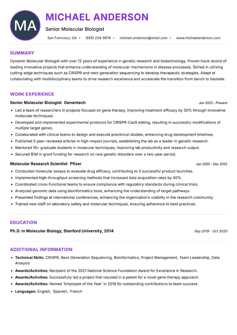 Molecular Biologist Resume Preview Example