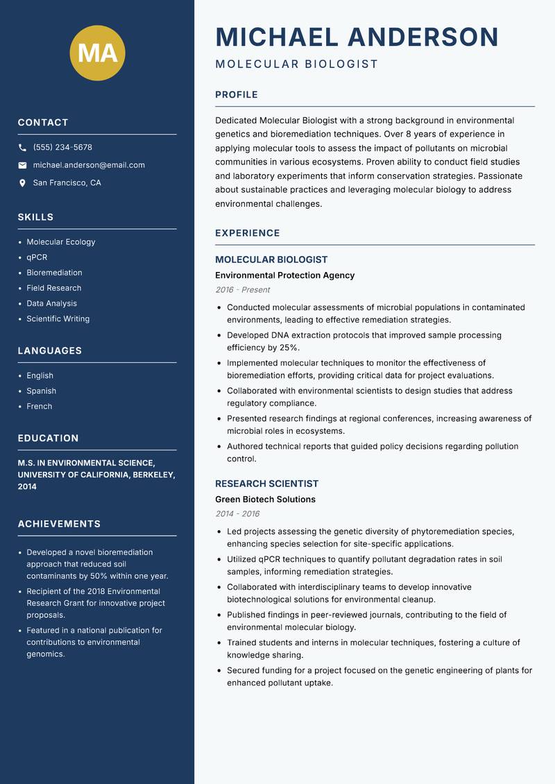 Molecular Biologist Resume Preview Example