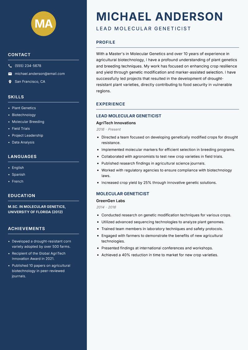 Molecular Geneticist Resume Preview Example