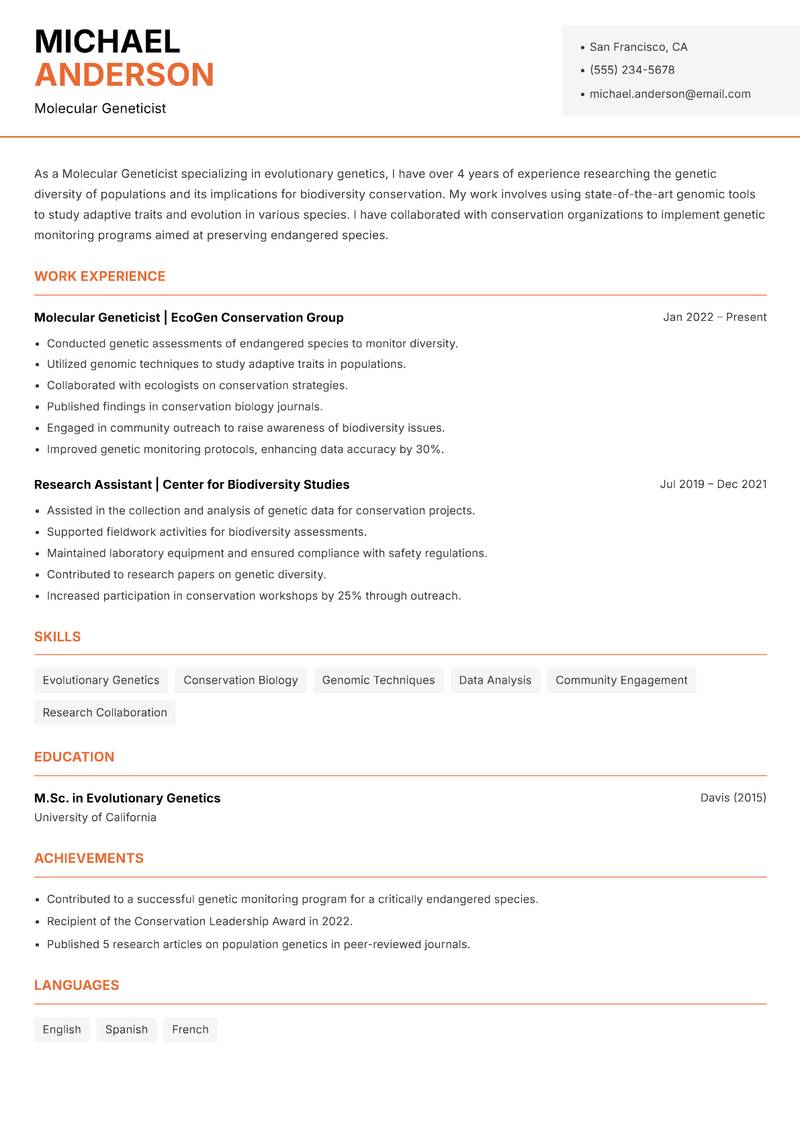 Molecular Geneticist Resume Template