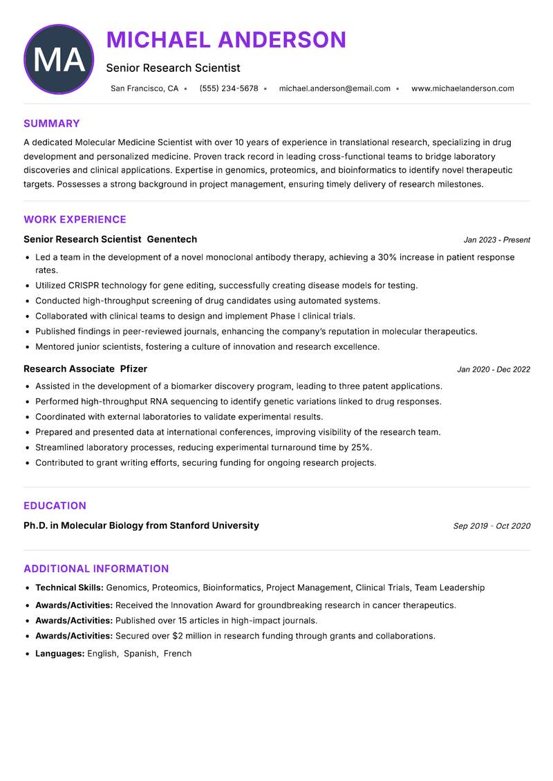 Molecular Medicine Scientist Resume Preview Example