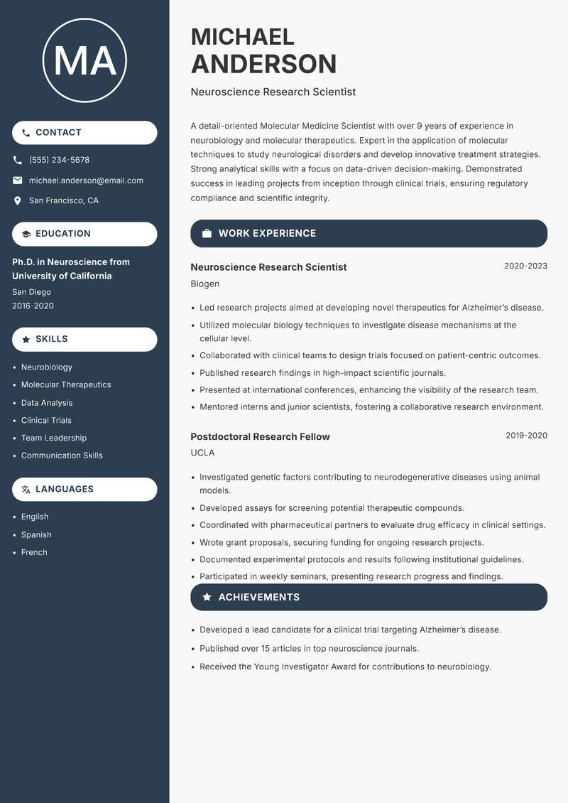 Molecular Medicine Scientist Resume Preview Example