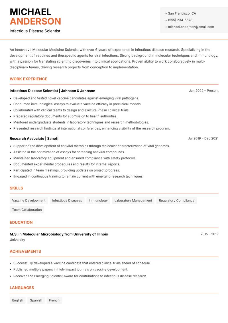 Molecular Medicine Scientist Resume Template