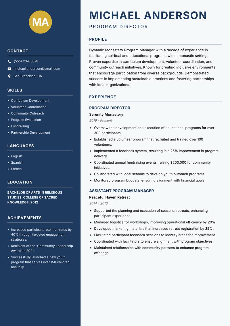 Monastery Program Manager Resume Preview Example