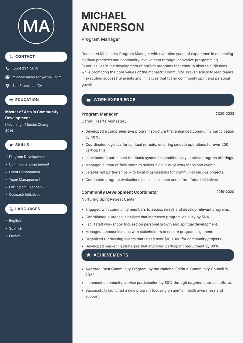 Monastery Program Manager Resume Preview Example