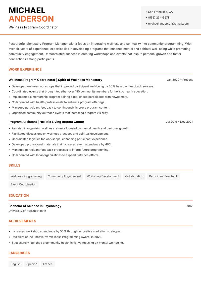 Monastery Program Manager Resume Template