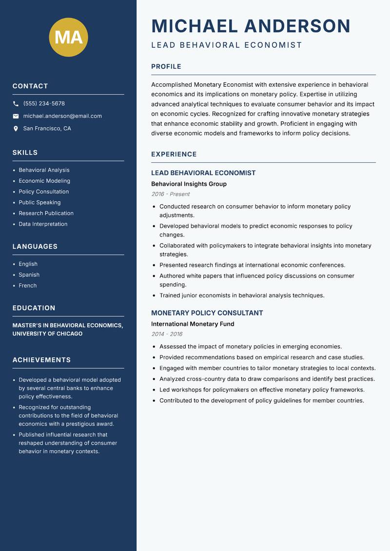 Monetary Economist Resume Preview Example
