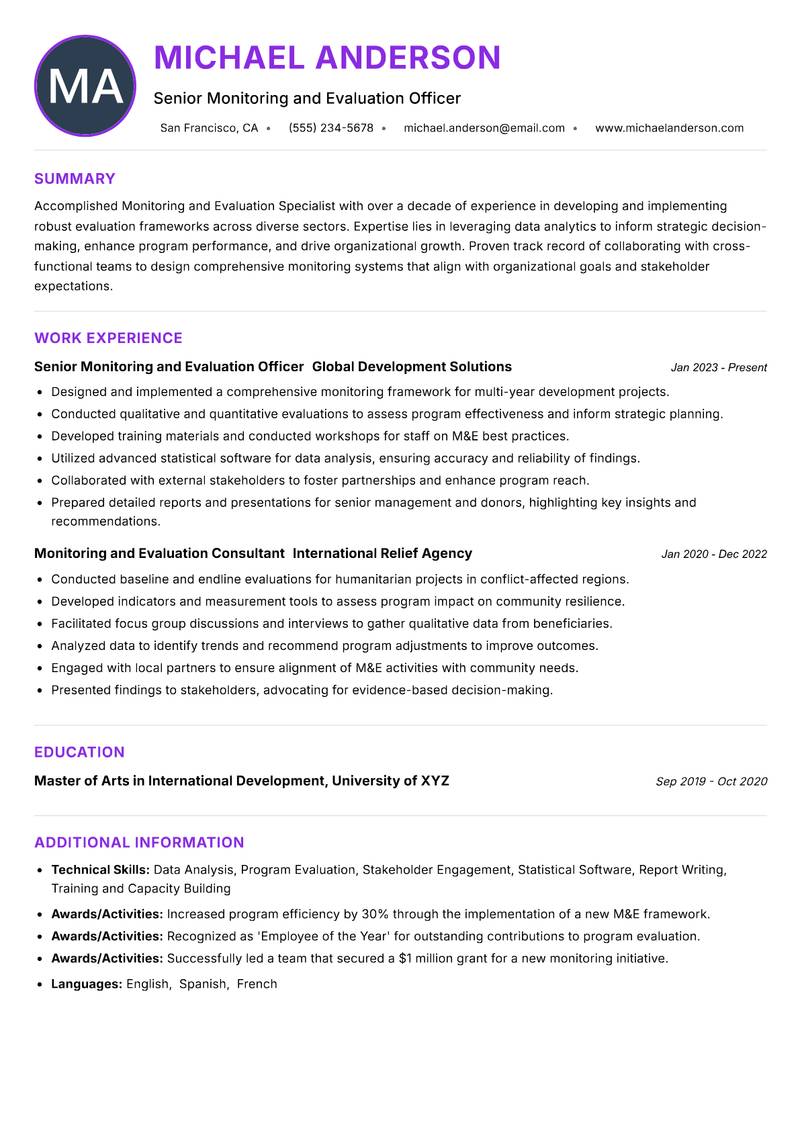 Monitoring and Evaluation Specialist Resume Preview Example