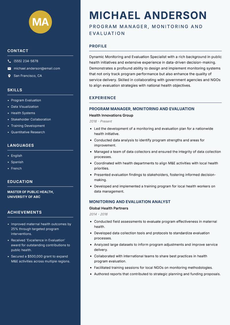 Monitoring and Evaluation Specialist Resume Preview Example