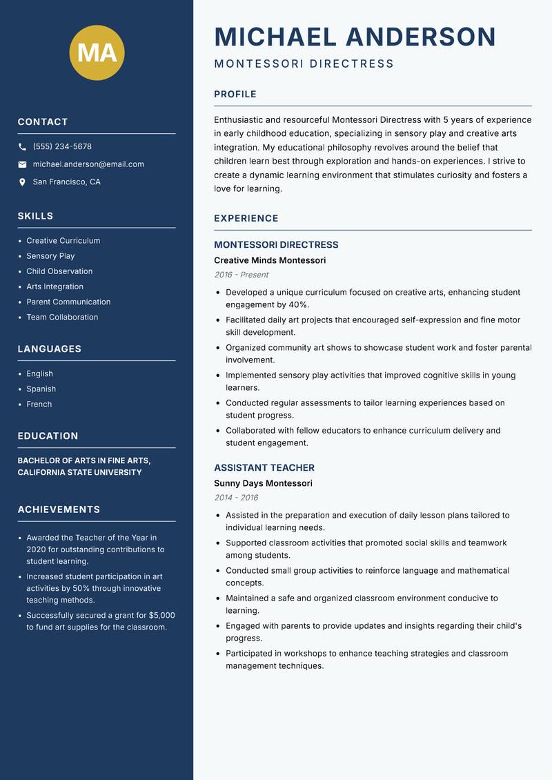 Montessori Directress Resume Preview Example