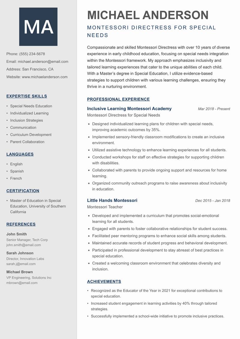 Montessori Directress Resume Preview Example
