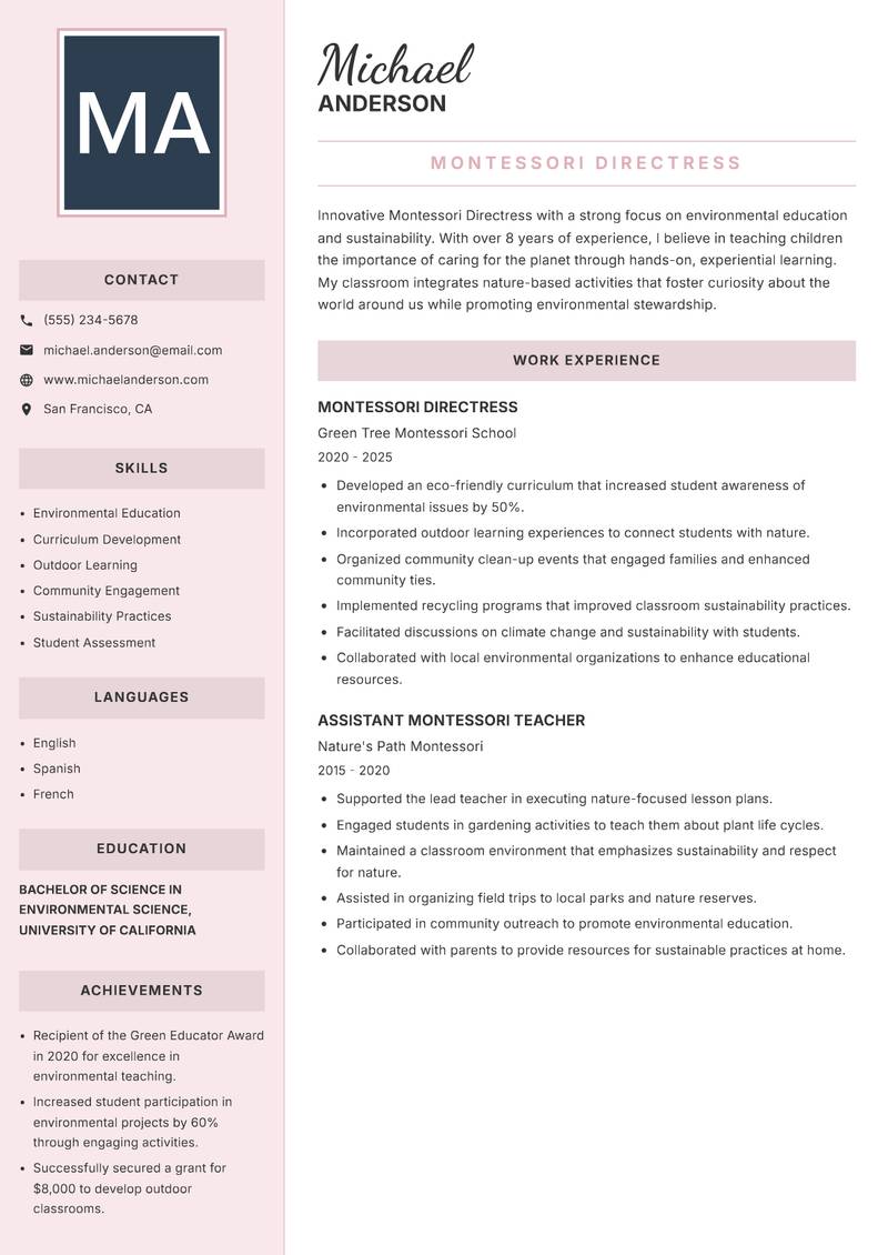 Montessori Directress Resume Preview Example