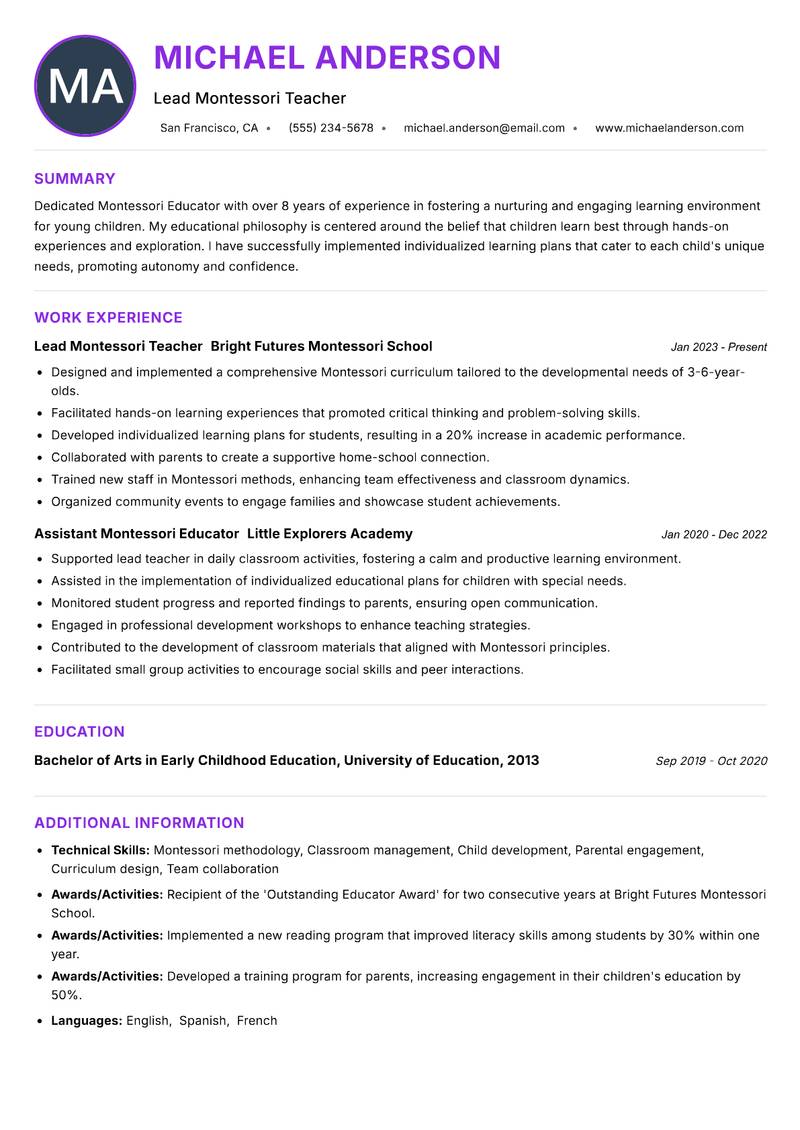 Montessori Educator Resume Preview Example