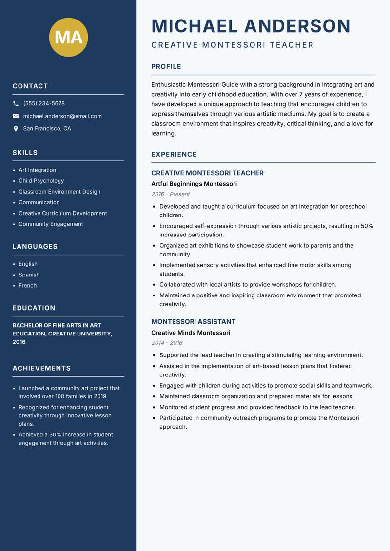 Montessori Guide Resume Preview Example