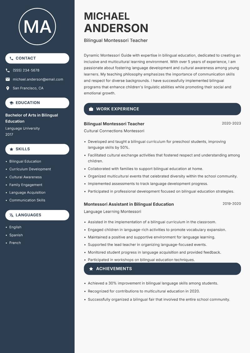 Montessori Guide Resume Preview Example