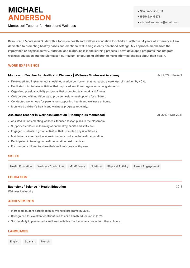 Montessori Guide Resume Template