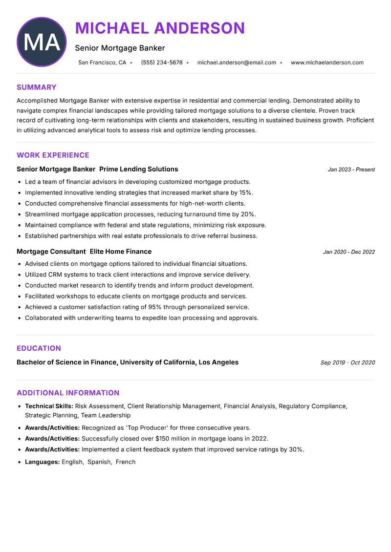 Mortgage Banker Resume Preview Example