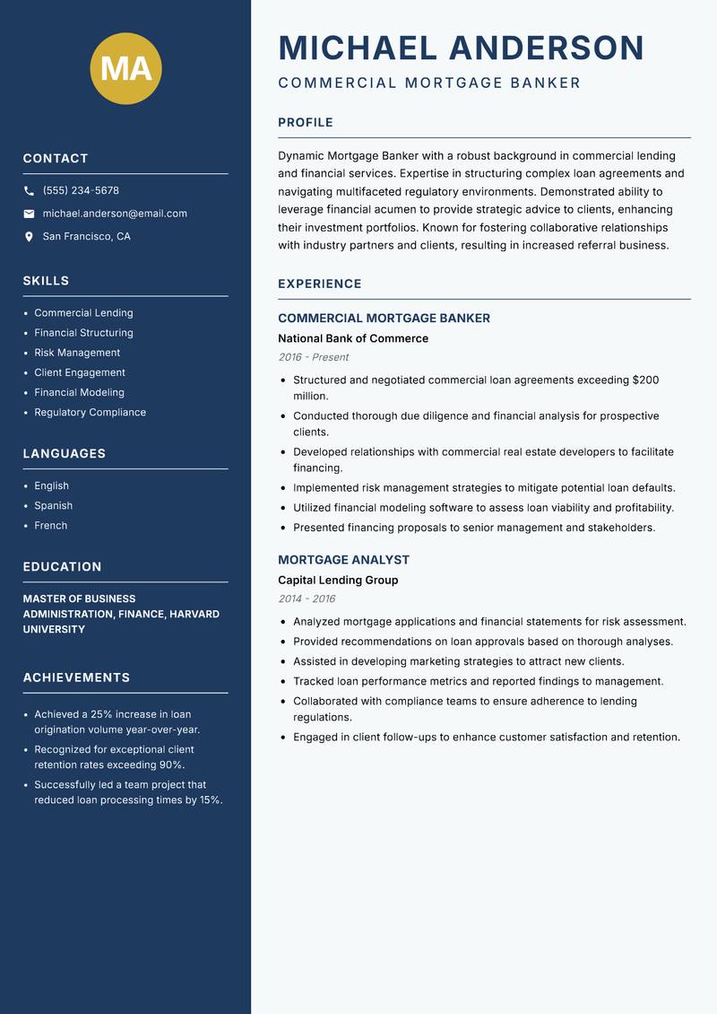 Mortgage Banker Resume Preview Example