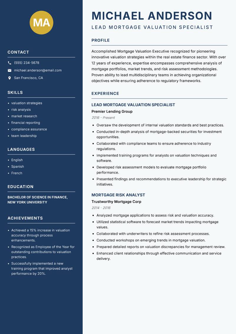 Mortgage Valuation Executive Resume Preview Example