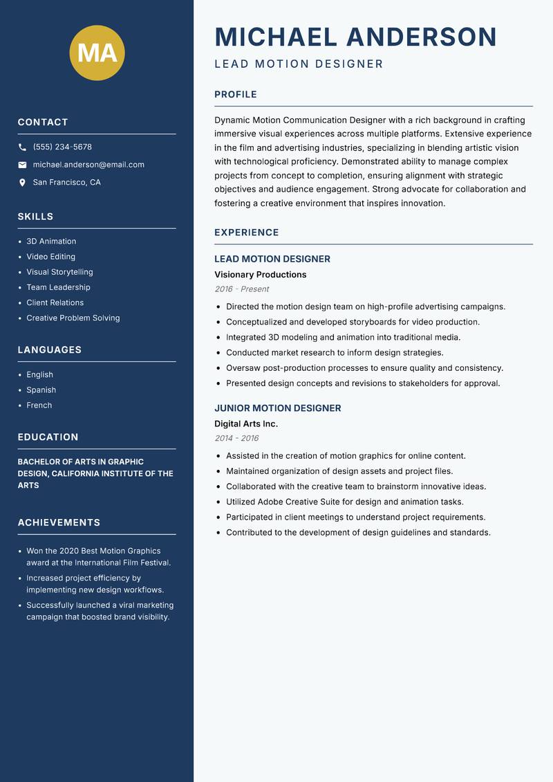Motion Communication Designer Resume Preview Example
