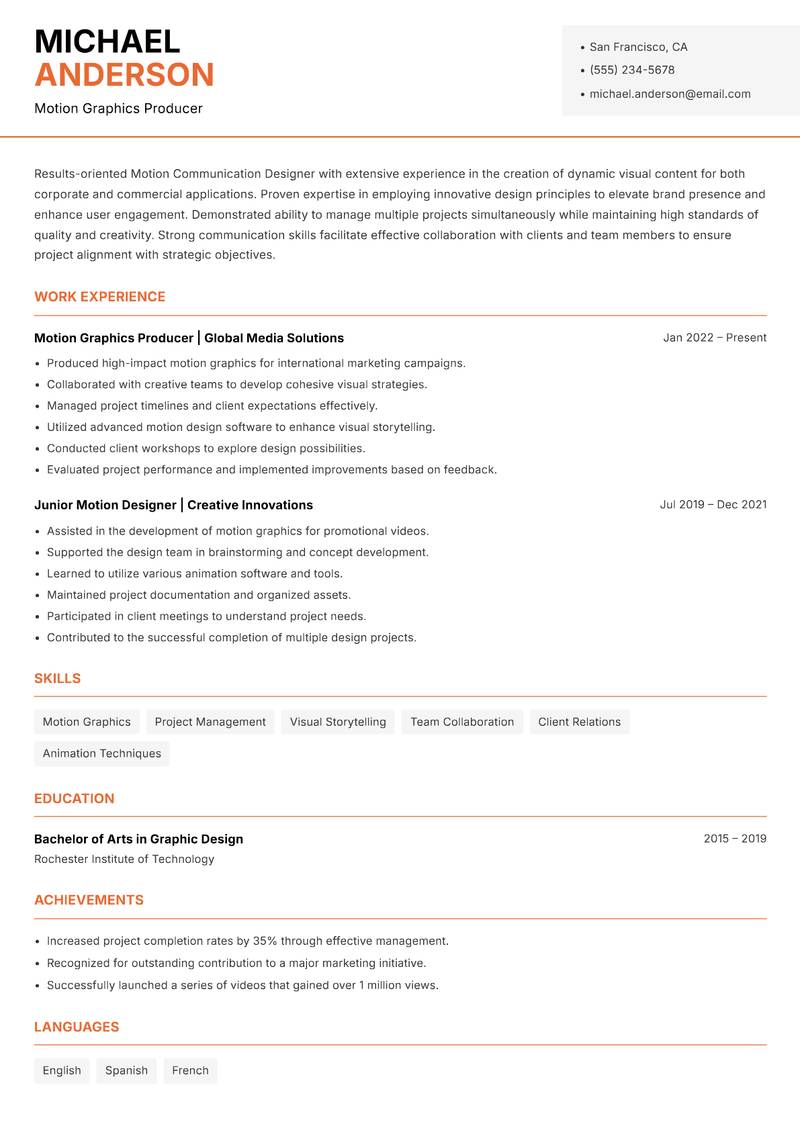 Motion Communication Designer Resume Template