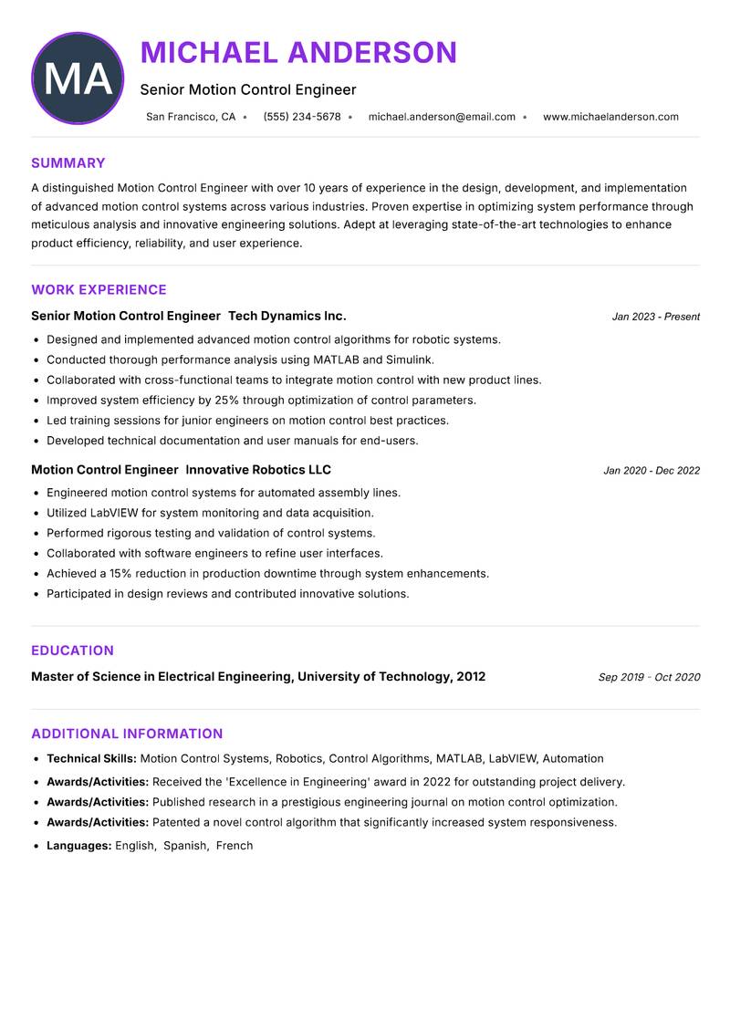 Motion Control Engineer Resume Preview Example