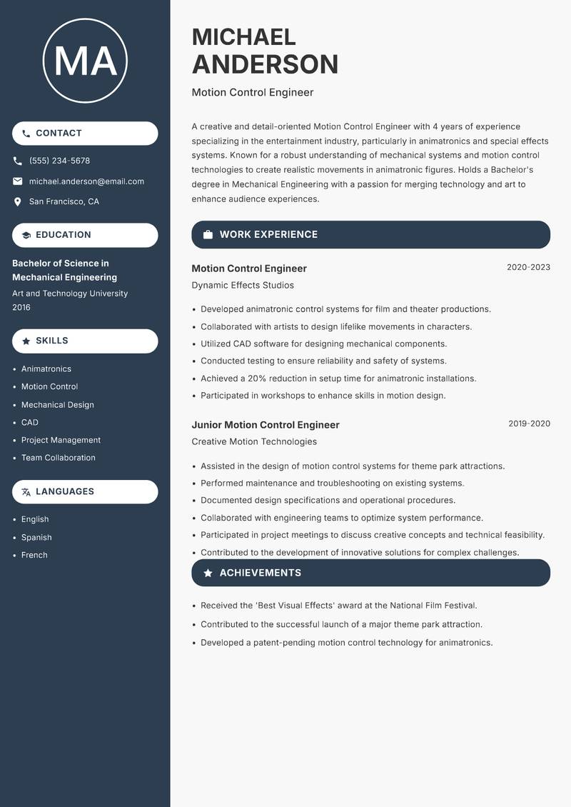 Motion Control Engineer Resume Preview Example