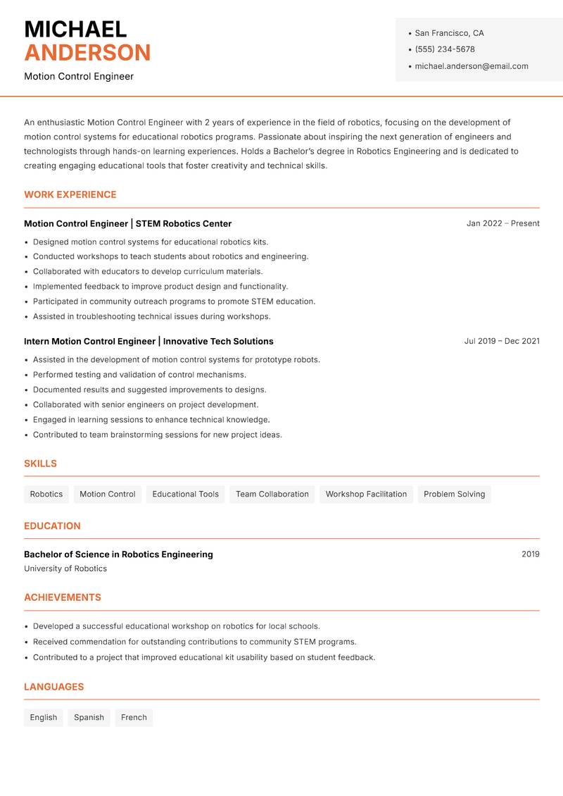 Motion Control Engineer Resume Template